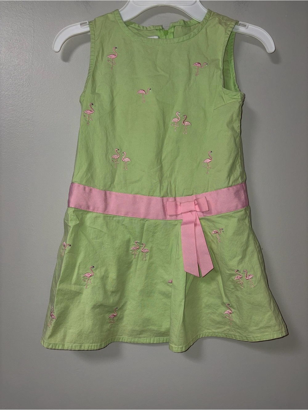 Bonnie Jean Green Sleeveless Dress Embroidered Pink Flamingos Girls 4T